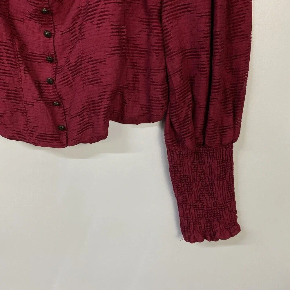 by ANTHROPOLOGIE Romantic Women's Top Medium Burgundy Puff-Sleeved Leaf Print - Picture 4 of 10